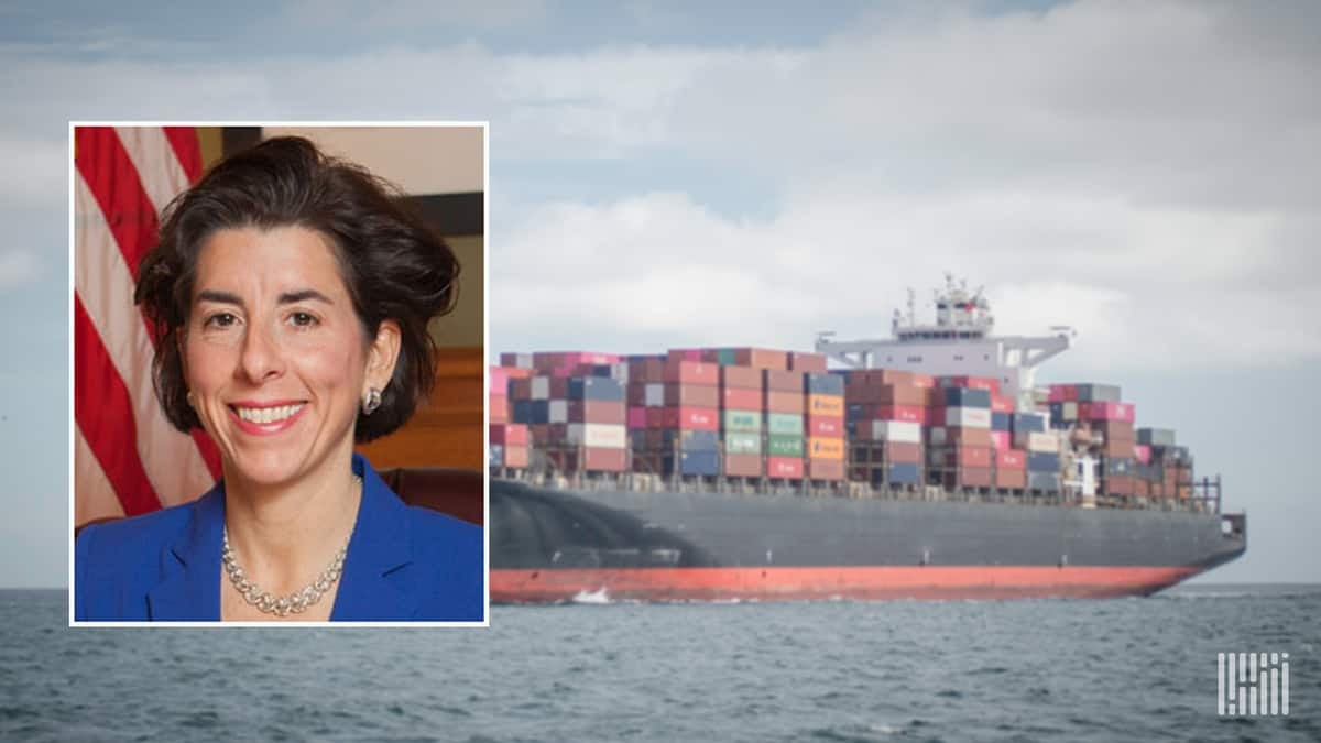 Mug shot of Commerce Secretary-designate Gina Raimondo with container vessel image in background.