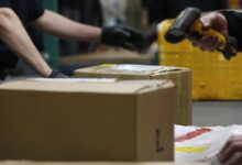 Inspectors using bar code scanner to check parcels for contrand.